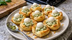Puff Pastry Shells with Ricotta Pesto and Mozzarella Pearls—An Easy Party Bite
