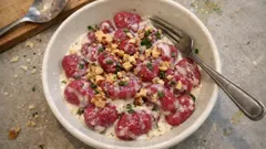 Beet Gnocchi with Creamy Gorgonzola Sauce, Walnuts, and Thyme