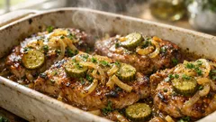 Oven-baked pork chops with mustard and pickle pan sauce