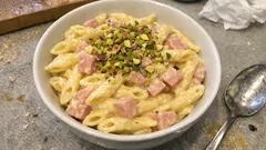 Creamy Pennette with Mortadella and Pistachios—A Quick Weeknight Pasta